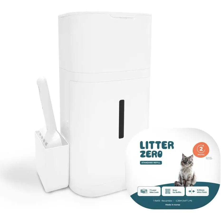Litter Zero Premium Cat Litter Disposal System, White, Smart Waste Management Bin with Standard Refill, 7-Layer Odor Lock Technology, Made in Korea (1)