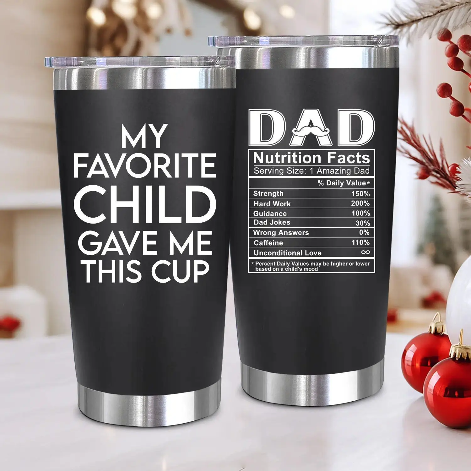 My Favorite Child Funny Dad Tumbler – Black 20oz Cup with Dad Nutrition Facts, Perfect Christmas & Thanksgiving Gift for Dad, Humorous Father Gift Idea