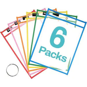 6 Packs   Dry Erase Pocket Sleeves with Binder Ring, 6 Assorted Colors 10x14 Ticket Holders, Clear Plastic Sheet Protectors, Teacher School Classroom Supplies