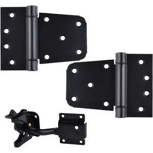 Self-Closing Gate Hardware Kit,1 Pack Self-locking Gate Latch and 2 Pack 3.5inch Heavy Duty Adjustable Spring Gate Square Barn Hinges,Black Finish Gate Hardware Set for Wood Vinyl Fence Gate Shed Door