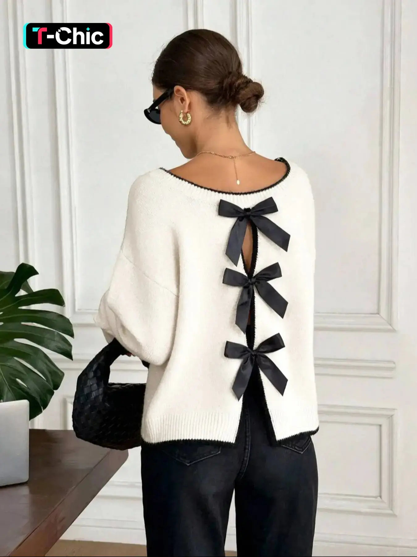Women's Fashion Feminine Elegant Back Bow Colorblock Drop Shoulder Round Neck Long Sleeve Pullover Knitwear Sweater Womenswear, Casual Wear Spring & Fall Style