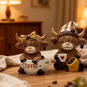 Scottish Highland Cow Statue Hand-Painted Resin Figurine, Scottish Tartan Hat and Coffee Cup, Sitting Highland Cow Collection, Cow Ornament