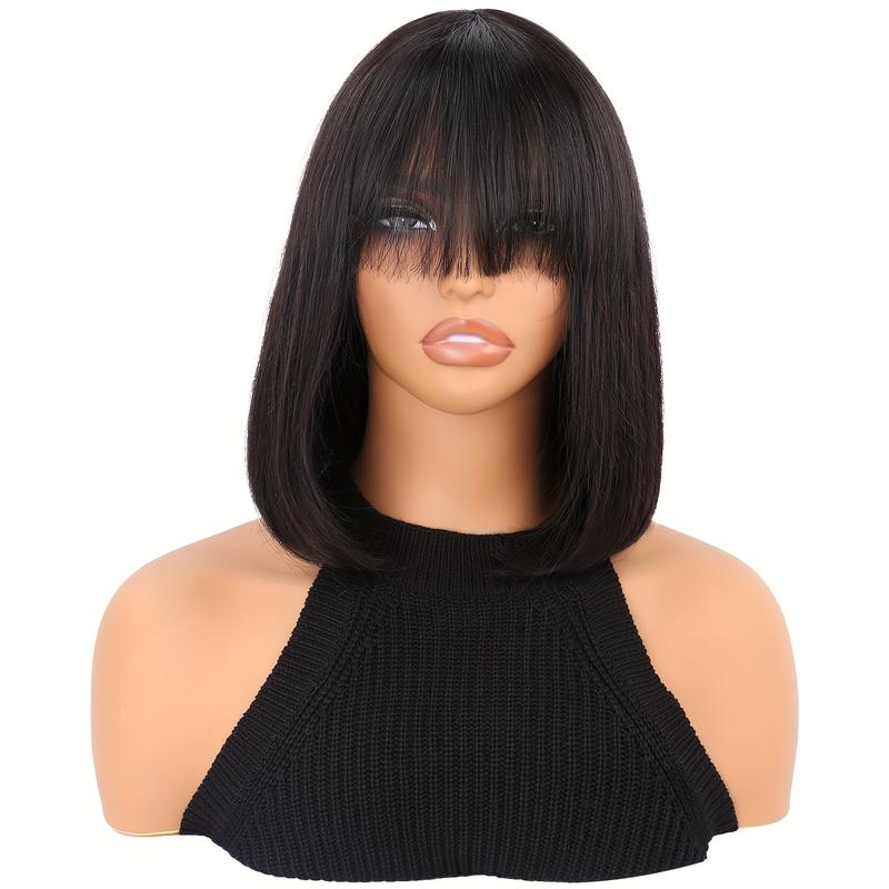 Wholesale Fashionable 10 Inch Short Bob Human Hair Wig with Straight Bangs, Natural Black Color, Density Rose Net Cap for Women, Shoulder-Length Sleek Bob Hairstyle, Middle Part with Neatly Trimmed Ends, Versatile Styling Options, Suitfor All Ethni