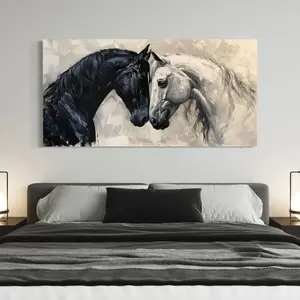 Black White Horses Love Wall Art, Abstract Horses Romantic Painting Canvas Print Ready To Hang B