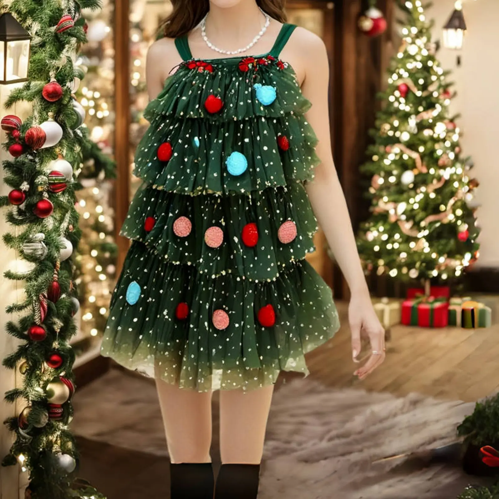 Women's Christmas Tree Dress Glitter Star Sleeveless Loose Layered Tulle Dress Holiday Mini Dress
