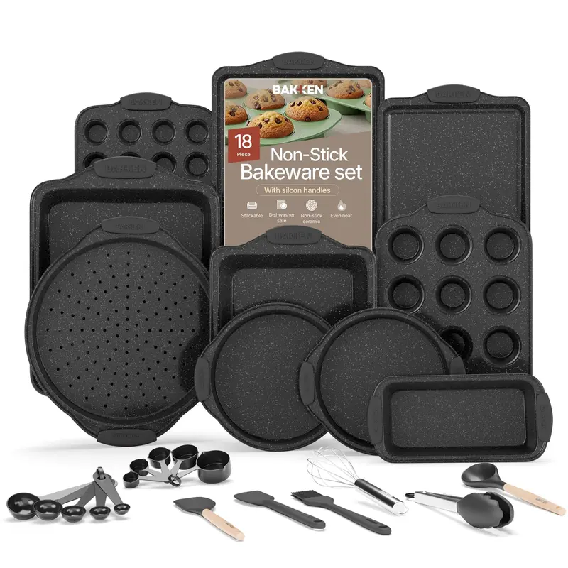 18-Piece Deluxe Nonstick Carbon Steel Bakeware Set - PFOA-Free Food Grade Gray Marble Pans with Heat-Resistant Non-Slip White Silicone Handles, Measuring Cups, Measuring Spoon, Cake Bowl, Mitt, Spatula, Whisk, Dishwasher Safe Kitchenware Baking Supplies