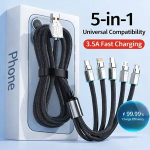 5-in-1 Fast Charging Cable Compatible with iPhone, USB-C Lightning Micro USB, Up to 120W & 45W Charging Support, 5ft Universal Multi Charging Cord for iPhone, Android Phones, Tablets, Power Banks, Car & Travel Use