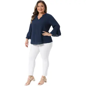 Agnes Orinda Women Plus Size Tops Dressy Casual 3/4 Bell Sleeve Notch V Neck Double Layered Chiffon Work Tunic Shirts Navy Blue