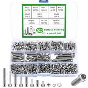 520 Pcs M5 Screws Set, Hexagonal Screws Nuts Set, Stainless Steel Cylinder Screws Hexagon Socket Screws with Nuts and Washers Set, Machine Screws Thread Screws Assortment, Hex Cap Screws