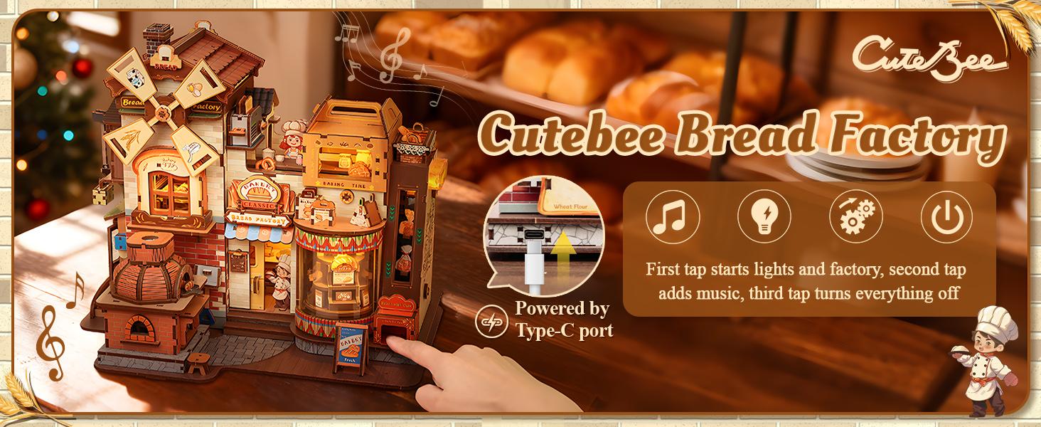 CUTEBEE 3D Wooden Puzzle Bread Factory - 576pcs Mechanical Building Kit with Lights & Music, Retro Bookshelf Insert Booknook, Aesthetic Room Decor & Craft Gift