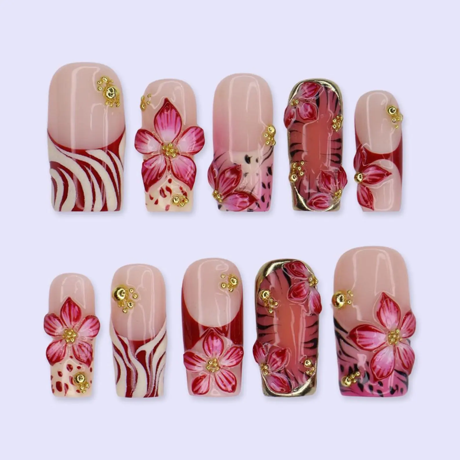 Hibiscus Flower Press On Nails, Palm Leaf Gold Chrome Summer Fake Nails, Medium Square Handmade Nail Art
