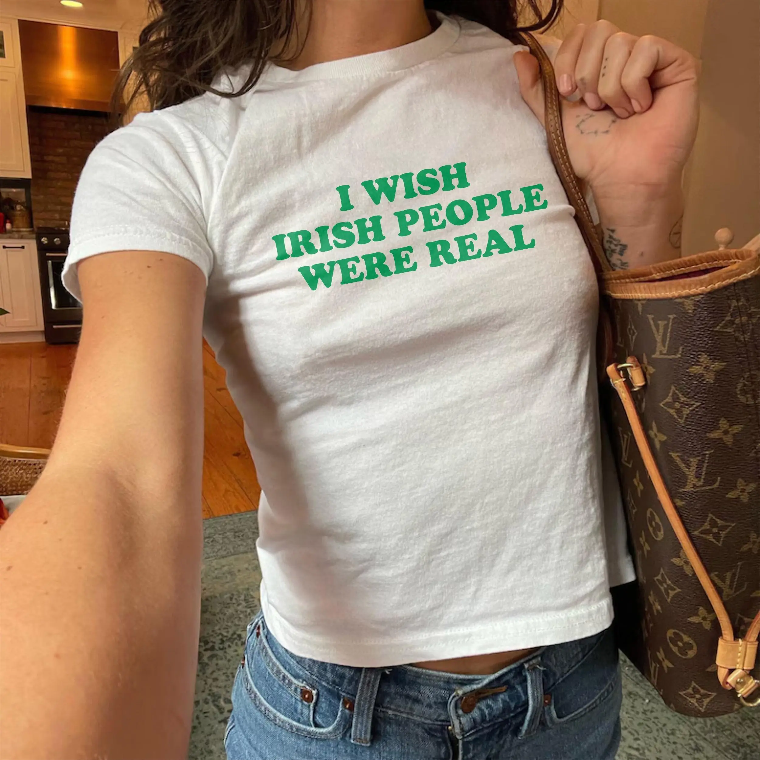 I Wish Irish People Were Real Baby Tee Funny St Patrick's Day Shirt Y2k 90s Baby Tee Ireland Shirt St Paddys Baby Tee Gift For Her