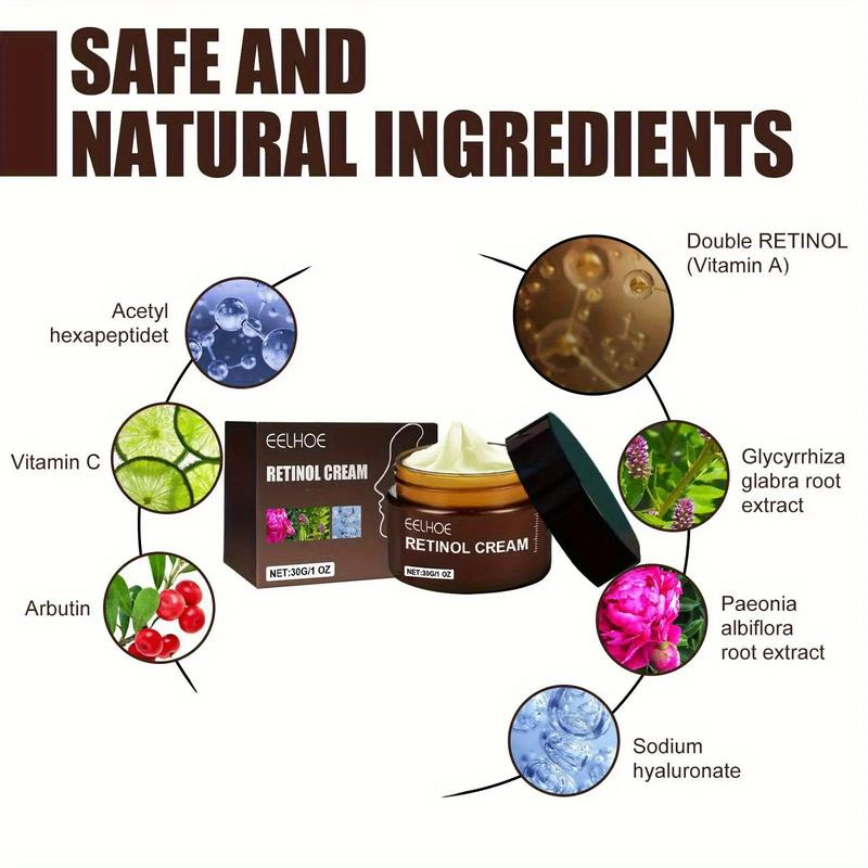 EELHOE Retinol Cream 30g/1.05 fl. oz. - A hydrating and firming day and night cream with Vitamin C, Glycerin and Hyaluronic Acid, suitable for all light to medium skin tones, hypoallergenic formula, retinol skincare, stylish bottle design, with a glossy f