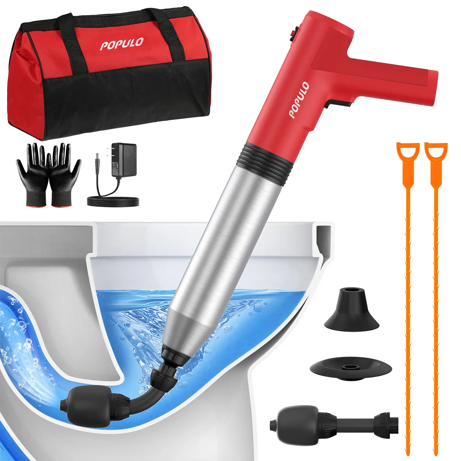 POPULO Electric Toilet Plunger Pump, High-Pressure Air Power Drain Clog Remover - Heavy-Duty Unclogger Tool for Bathroom Plumbing