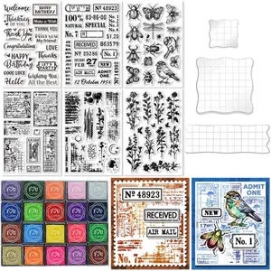 29 Pcs Acrylic Stamps for Crafting Card Making Supplies Set Include 3 Acrylic Clear Stamp Blocks, 6 Clear Silicone Stamps Seals, 20 Craft Ink Pads Stamp for DIY Scrapbooking Journal