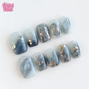 Smoke Gold Handmade Press-On Nails | Short Square Shape, 10pcs | Luxury Cool Smoke Gold Design | Sheer White Gradient & Gray Blue Smoke Marble & Gold/Silver Foil & High Gloss Accents | Reusable DIY Nail Art Kit for Women | Trendy Nails for Spring, Summer