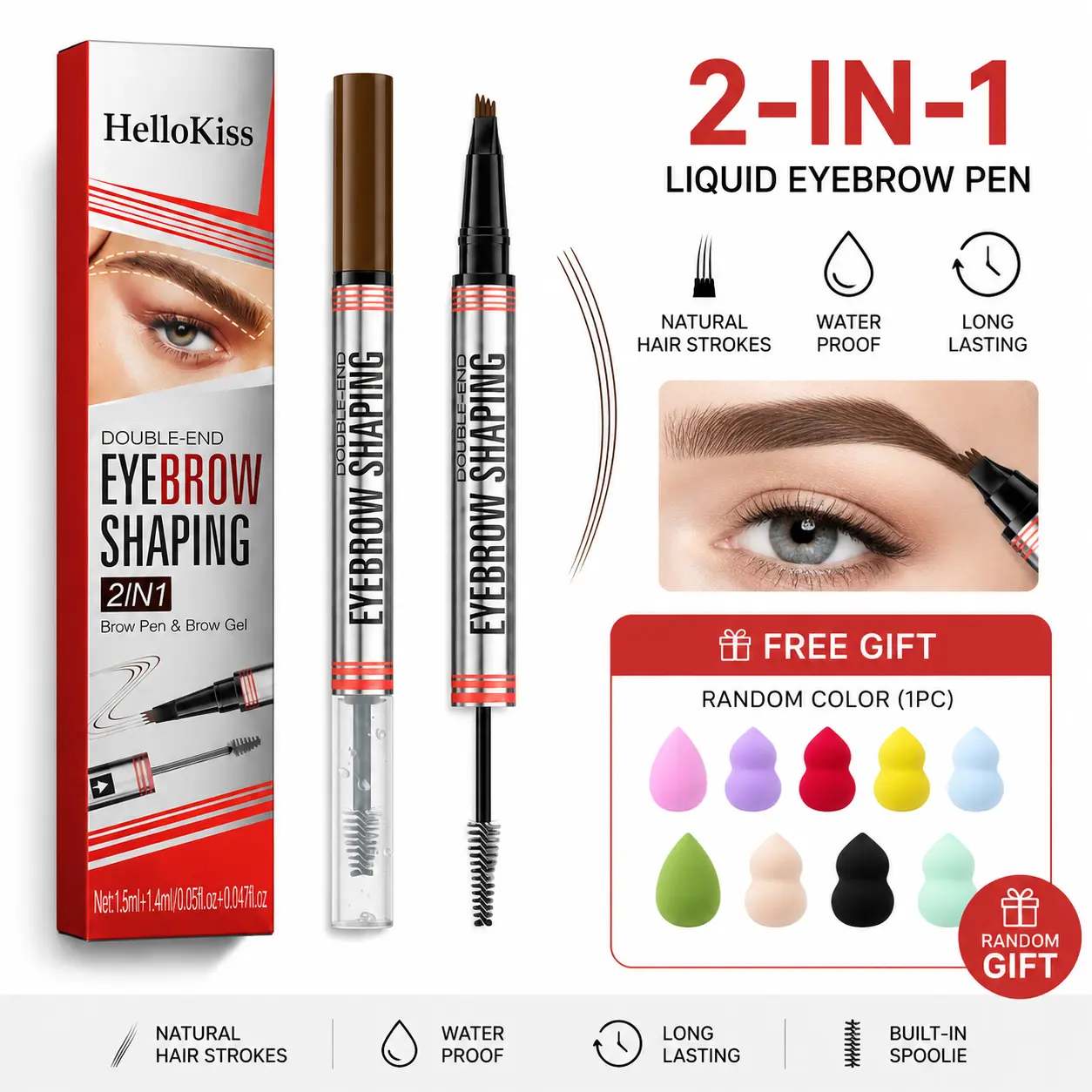 HelloKiss 2-in-1 Dual-Ended Microblading Brow Pen & Tinted Brow Gel, Waterproof, Sweat-Proof, Humidity-Resistant, Smooth & Clump-Free, All-Day Long Wear