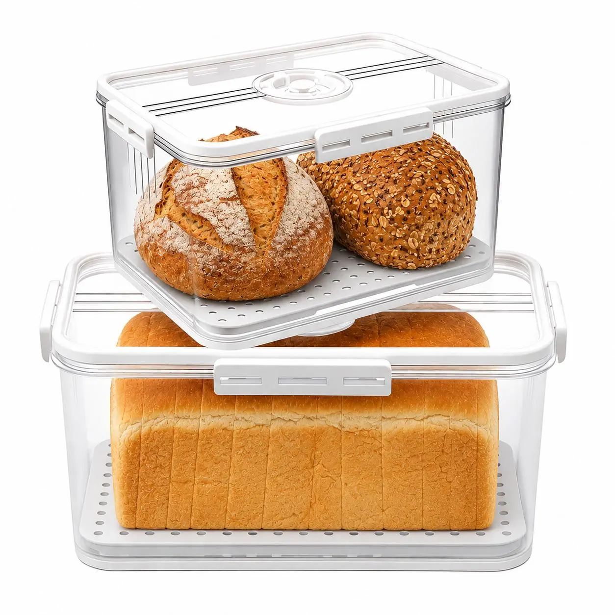 MIUVA Airtight Bread Box with Lid, Silicone Seal, Time Recording Dial, Transparent Food Grade Plastic Container - Large Capacity, Detachable Drain Board, Holds Sourdough Loaves, Tracks Storage Time, White Kitchen Gadget, Mother's Day Gift, 4 Buckles Seal