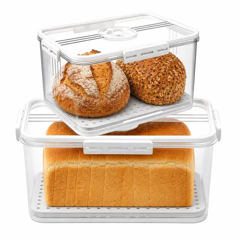 MIUVA Airtight Bread Box with Lid, Silicone Seal, Time Recording Dial, Transparent Food Grade Plastic Container - Large Capacity, Detachable Drain Board, Holds Sourdough Loaves, Tracks Storage Time, White Kitchen Gadget, Mother's Day Gift, 4 Buckles Seal