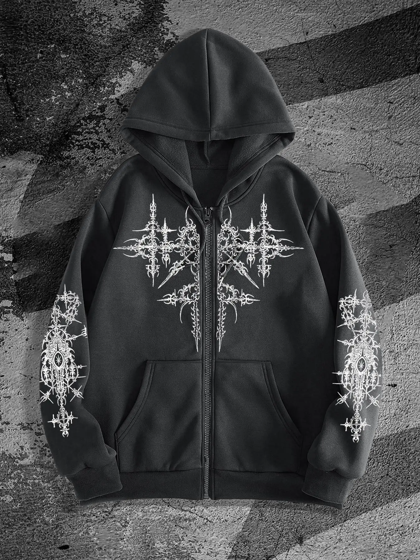 Men's Gothic Style Drop Shoulder Zipper Up Hoodie, Regular Fit Casual Longsleeves Graphic Hooded Sweatshirt, Casual Graphic Streetwear, Dark Aesthetic Streetwear for Fall & Winter, Men's Top for Daily Wear, Pullover, Drawstring Zip Hoodie