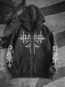 Men's Gothic Style Drop Shoulder Zipper Up Hoodie, Regular Fit Casual Longsleeves Graphic Hooded Sweatshirt for Fall & Winter, Men's Top for Daily Wear, Pullover, Drawstring Zip Hoodie