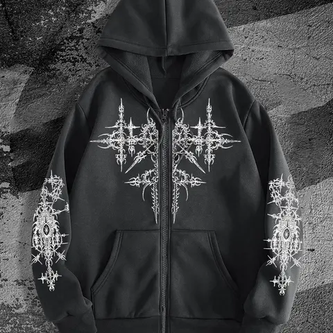 Men's Gothic Style Drop Shoulder Zipper Up Hoodie, Regular Fit Casual Longsleeves Graphic Hooded Sweatshirt, Casual Graphic Streetwear, Dark Aesthetic Streetwear for Fall & Winter, Men's Top for Daily Wear, Pullover, Drawstring Zip Hoodie