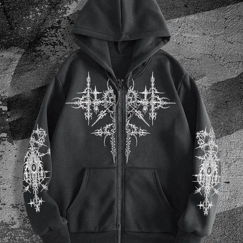 Men's Gothic Style Drop Shoulder Zipper Up Hoodie, Regular Fit Casual Longsleeves Graphic Hooded Sweatshirt, Casual Graphic Streetwear, Dark Aesthetic Streetwear for Fall & Winter, Men's Top for Daily Wear, Pullover, Drawstring Zip Hoodie