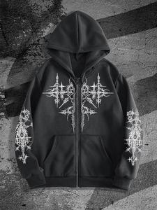 men's gothic style zip up hoodie, regular fit casual longsleeves graphic hooded sweatshirt for fall & winter, men's top for daily wear, pullover, drawstring zip hoodie