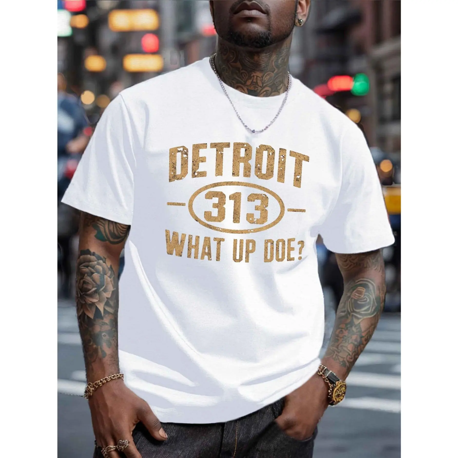 Men's Cotton T-Shirt | Detroit 313 Vintage Print | Casual Round Neck | Short Sleeve | All-Season Comfort | Machine Washable | Bold Retro Graphic Tee | Black & Beige | Urban Streetwear Style