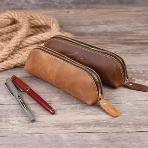 Simple Stationery Office Supplies Handmade Genuine Leather Pencil Bag Retro Holder Pen Case Storage Bag Zipper Pencil Pouch Glasses Case