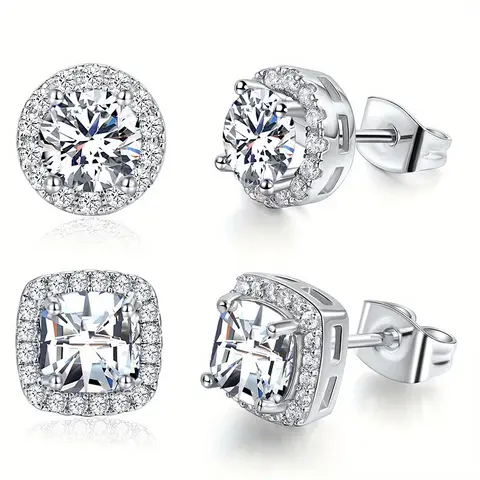 Women's Gold CZ Halo Stud Earrings - Round or Square Artificial Zirconia Earrings, Clean Modern Style for Everyday Glam, Daily Elegance Dainty Jewelry, Birthday-Perfect Costume Accessories