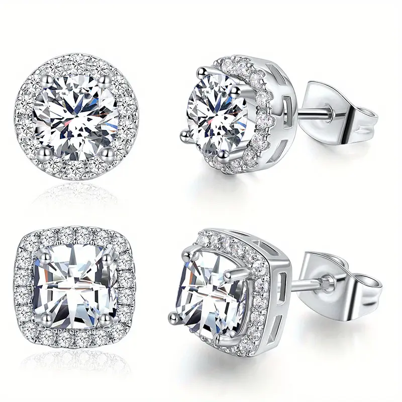 Women's Gold CZ Halo Stud Earrings - Round or Square Artificial Zirconia Earrings, Clean Modern Style for Everyday Glam, Daily Elegance Dainty Jewelry, Birthday-Perfect Costume Accessories