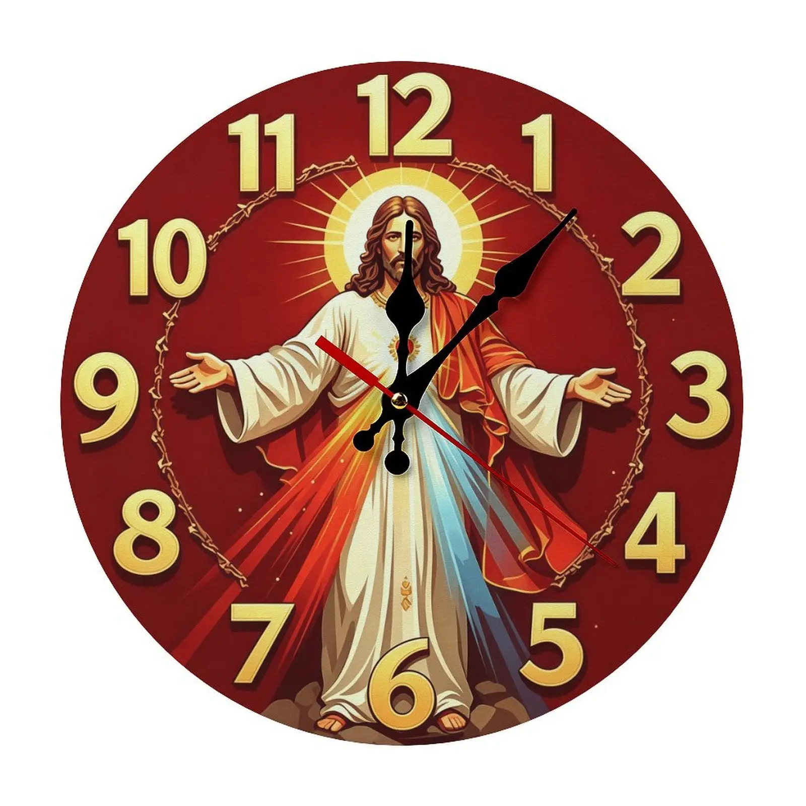 Sacred Heart of Jesus Vintage Solid Wood Analog Wall Clock - Wall Mount, Silent Movement, Red Background Print, Battery-Not-Included Large-Format Christian Room Decor, Casual Daily Home Decor for Birthday Gifting, Analog Clock