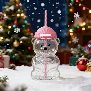Little Bear Glass Cup High Borosilicate Cartoon Bear Straw Creative Water Cup Cold Heat Resistant Teddy Bear Cup with Green Hat stick-on light holder cabbage shredder multifunctional kitchen gadget party decor gift Drinkware