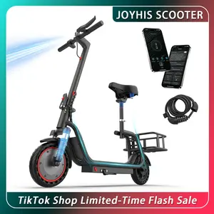 JOYHIS electric scooter with basket and seat, 8.5-inch tires, 350-watt motor, top speed of 19 mph, folds up for storage in a trunk, has a weight capacity of 265 lbs, and is suitable for adults.