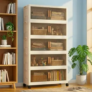 No Assembly 80cm Width 5 Layers Foldable Storage Cabinet with Wheels, Stackable Rolling Organizer for Kitchen Bedroom Bathroom Dorm RV makeup