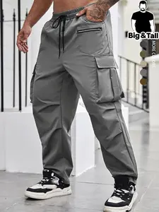Men's Plus Size Regular Fit Solid Flap Zipper Pocket Cargo Pants, Casual Drawstring Pants for Daily Wear, Casual Fitted Pants, Fashion Plus Size Trousers for All Seasons