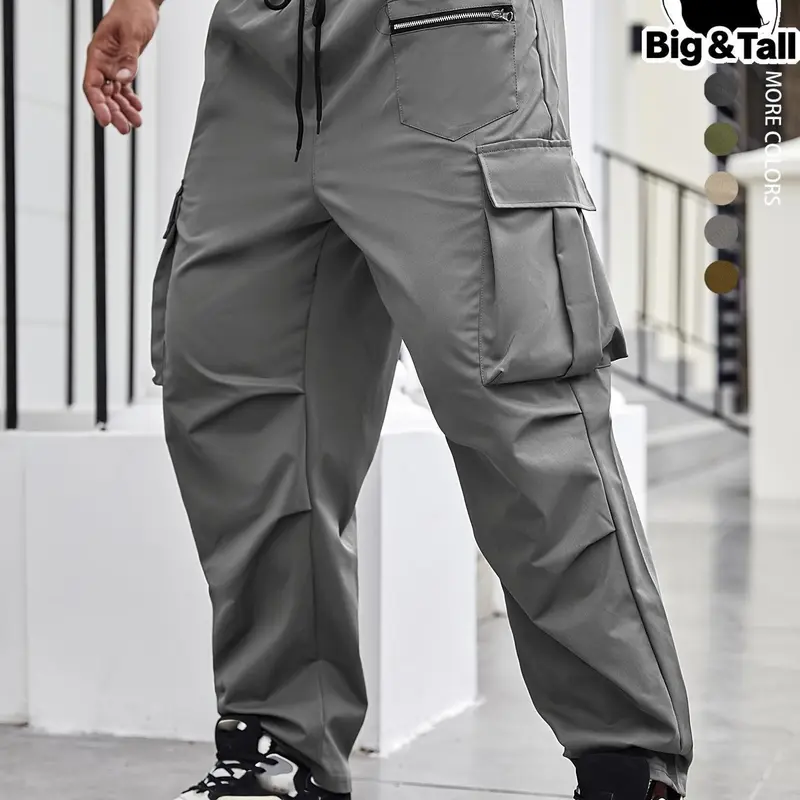 Men's Plus Size Regular Fit Solid Flap Zipper Pocket Cargo Pants, Casual Drawstring Waist Pants for Daily Wear, Casual Fitted Pants, Fashion Plus Size Trousers for All Seasons, Casual Street Style, Casual Streetwear Clothing