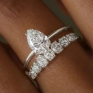 2-Piece Marquise Cut Cubic Zirconia Bridal Ring Set - 14K Gold Plated Stackable Engagement & Wedding Bands - Dainty Promise Ring Gift for Women