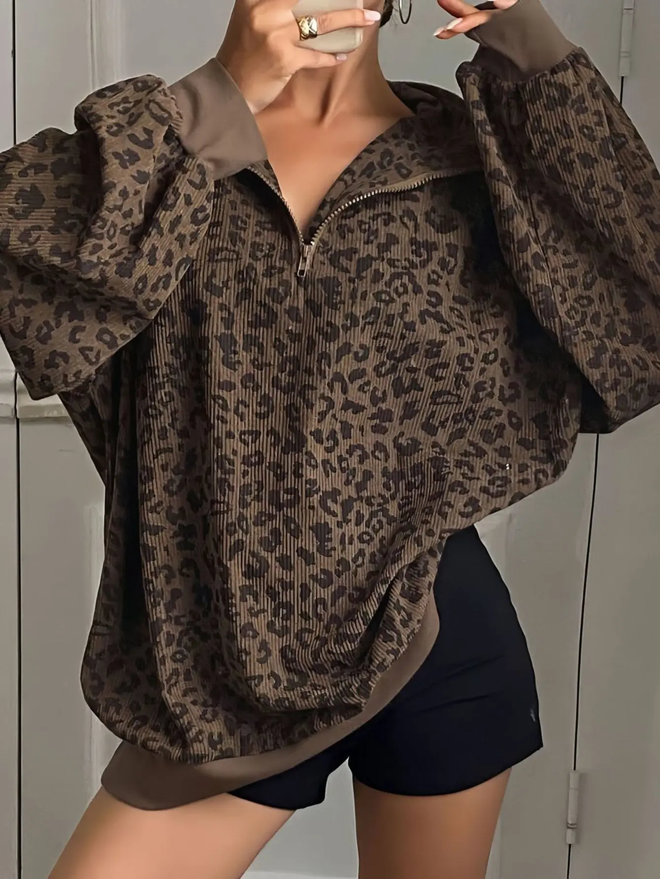Leopard Print Half-Zip Sweatshirt Jacket, Relaxed Fit Casual Pullover Top, Stylish Fall Streetwear - Auction Only, Non-Refundable, Non-Cancellable