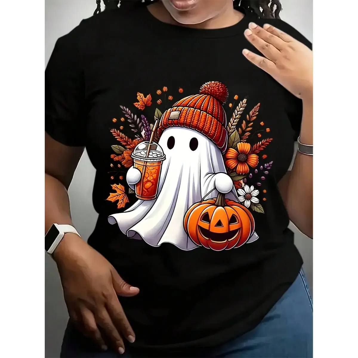 Women's Essential Crew Neck Short Sleeve T-Shirt - Comfortable Fabric, Playful Pumpkin & Autumn Leaves Graphic, Regular Fit, Machine Washable for Fall Festivities & Halloween