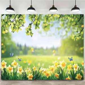 Tapestry, 1pc Spring Floral Photography Background Cloth, Sunshine Forest Path Scenery Pattern- Vibrant Daffodils And Butterflies Design, Durable Polyester Fabric, Available Sizes: 59X39Inch/51.18X 5