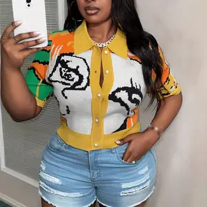 Unique Style Women's Autumn and Winter New Printed Button Women's Cardigan Collar Fashion Tight Sweater