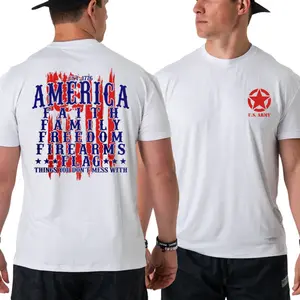 U.S. Army Patriotic T-Shirt, Bold Red Star Front Logo and America Faith Family Freedom Firearms Flag Graphic 2 Sides, Honor Duty and Patriot Pride Shirt for Men & Women