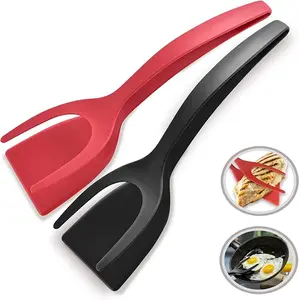 2 in 1 Flipper Spatula with Tongs - Nylon Easy Grip for Hash Browns Burgers Steaks French Toast Omelets Pancakes Non-Stick Head Ergonomic Handle High Temperature Resistant Aesthetic Lightweight Hanging Cookware