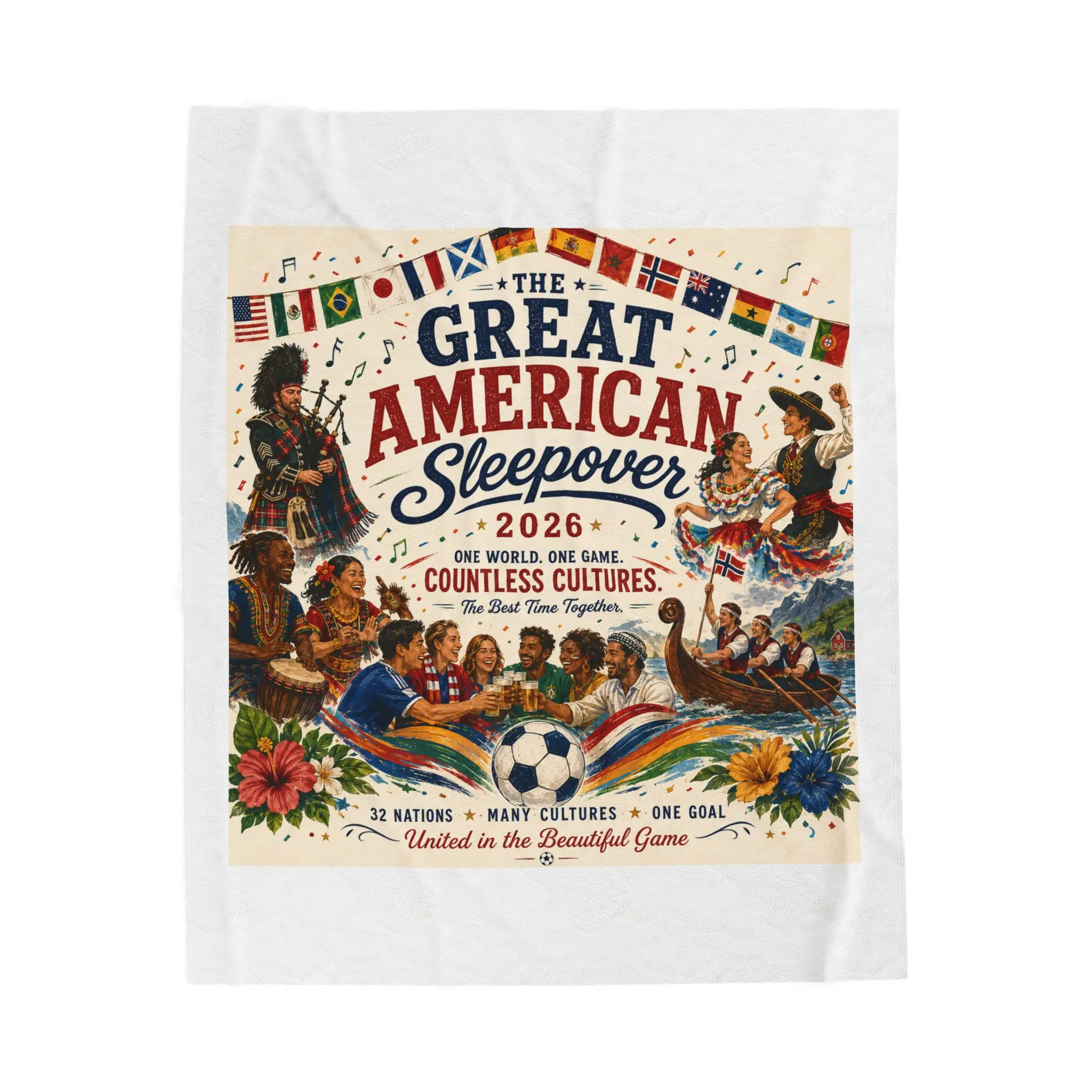 Great American Sleepover 2026 Velveteen Blanket | Multicultural Celebration, Flags & Festive Illustration