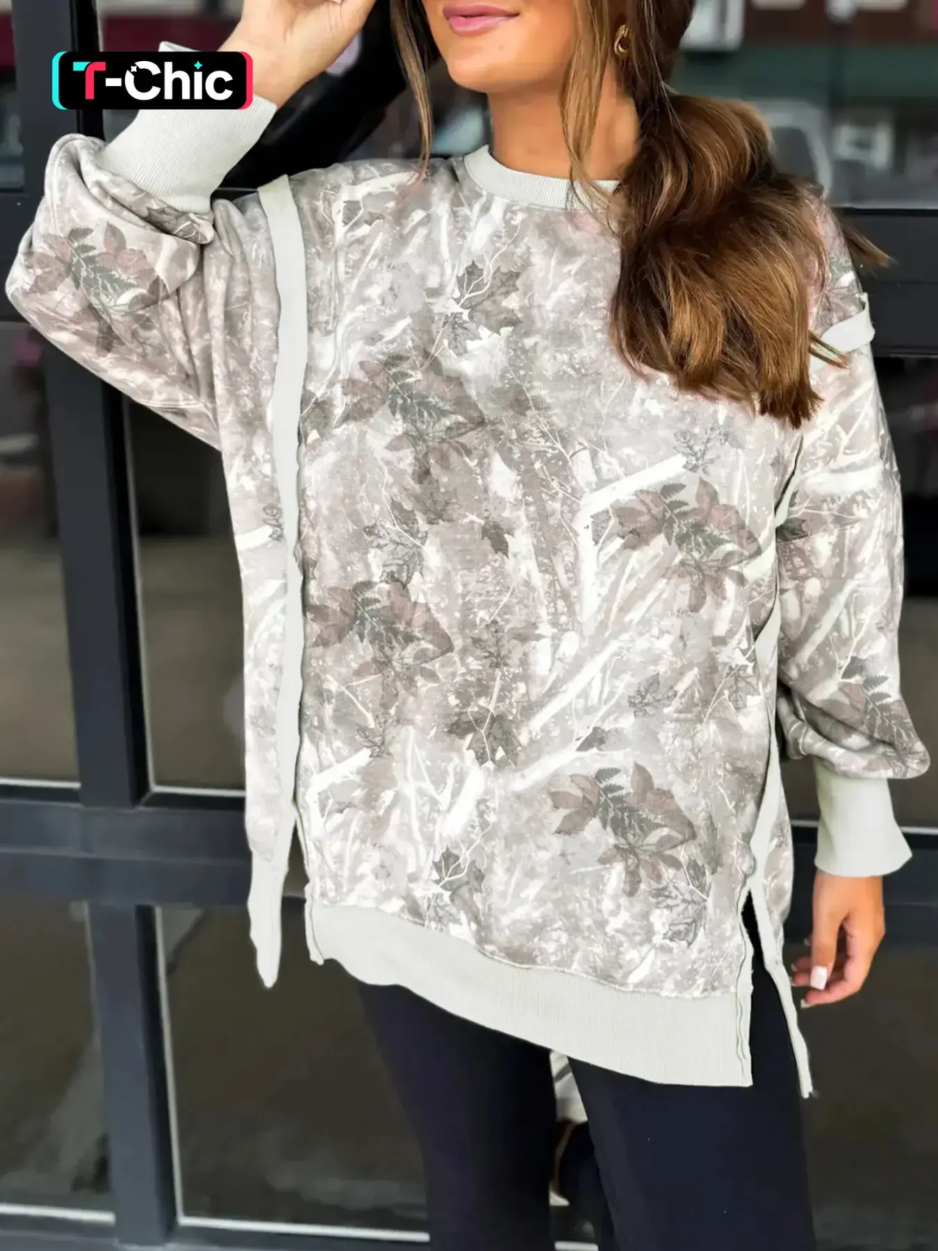 Hotapei Autumn Winter Plant Print Camo Patchwork Asymmetrical Casual Fashion Loose Fit Split Hem Long Sleeve Round Neck Pullover Sweatshirt
