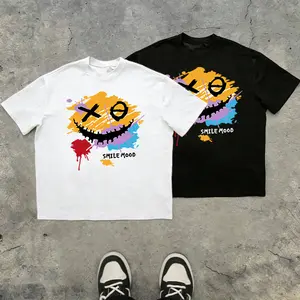 Men’s “Smile Mood” graffiti smiley face graphic T-shirt, casual cotton crew neck short sleeve tee, streetwear hip hop loose fit printed shirt for men, Sports