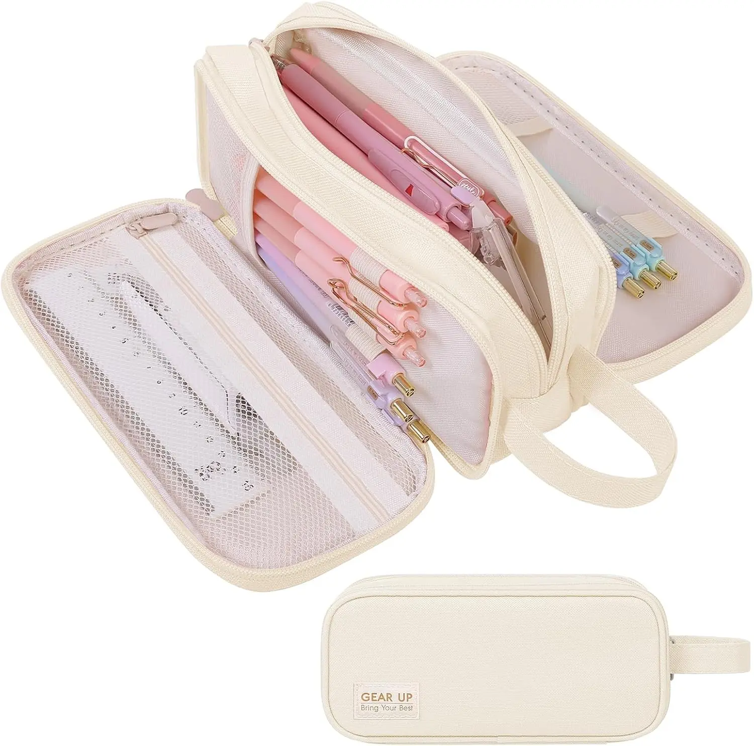 SKYDUE Large Capacity Pencil Case with Handle, 3 Compartment Canvas Pencil Pouch, Cute Soft Color Pencil Bag for Pens, Markers, Aesthetic Stationery and Organizer for Teen Girls Adult, Beige Gift