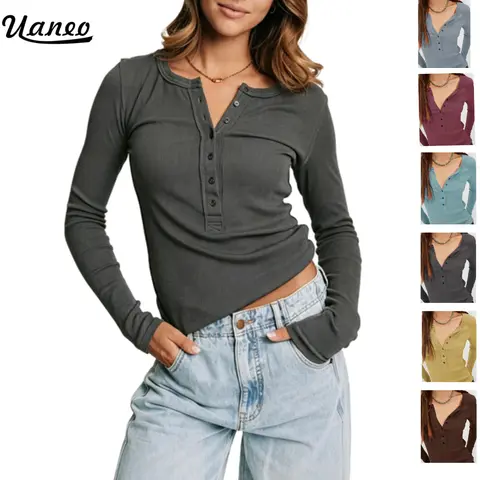 UANEO Women's  Washed Vertical Rib Henley Long Sleeve Top, Half Placket Exposed Seam Stretch Slim Fit Casual Layering Basic Top